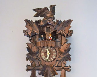 Vintage Musical 8 Day Mechanical Black Forest Walnut Cuckoo Clock With Bird And Dancers, 15"