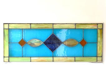 Antique Stained Glass Transom Window With Geometric Motif, 37 3/8' x 14 7/8"