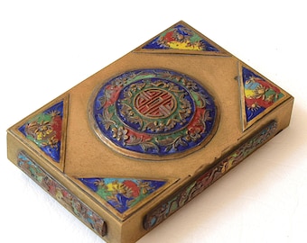 Étui à Cigarettes Chinois Antique en Laiton Émaillé Floral avec Symbole de Longévité, 4 1/2 x 3, Vers 1900