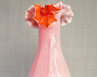 Stevens And WIlliams (Attributed) Hand Blown Red Glass Vase With Rigaree 9 1/2"
