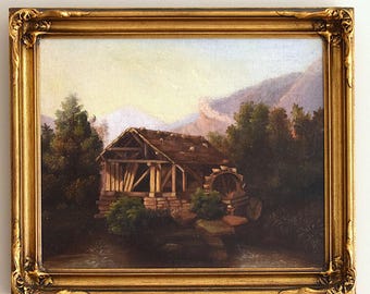 Hudson River School Landskap med kvarn i förgylld träram, olja på duk, daterad 1866, 16 x 18 1/2