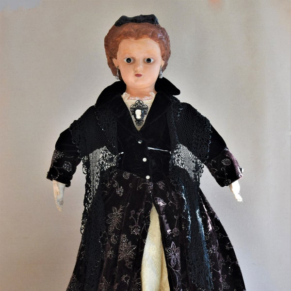 Beautifully And Completely Dressed Greiner Type Early Papier Mache Doll With Glass Eyes And Molded Red Hair With Bow 26"