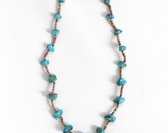 Vintage Santo Domingo (Kewa) Turquoise Nugget And Heishi Bead Necklace With Sterling Silver Hook Closure 26"