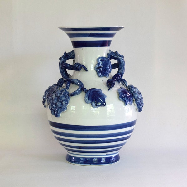 Vintage Blue & White Porcelain Barbotine Vase With Applied Grapevines, 14"x 11", Unmarked