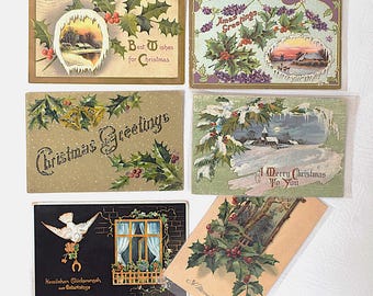 Antique Embossed Christmas Postcards, Set Of 6, 1 German, Sent With Ben Franklin Stamps 5 1/2'" x 3 1/2", 1907-1911
