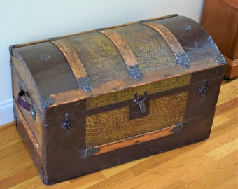 Late 19th Century Wood And Leather Dome Top Trunk With Inserts, Restored
