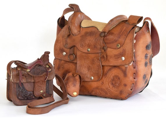 Vintage Leather Saddle Handbag With Matching Mini… - image 3