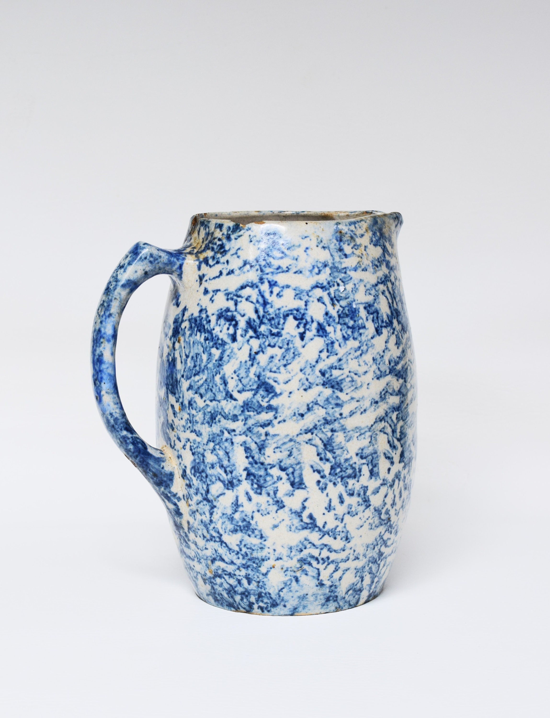 Antique Blue & White Stoneware Spongeware Pitcher, Full Size 8 1/2