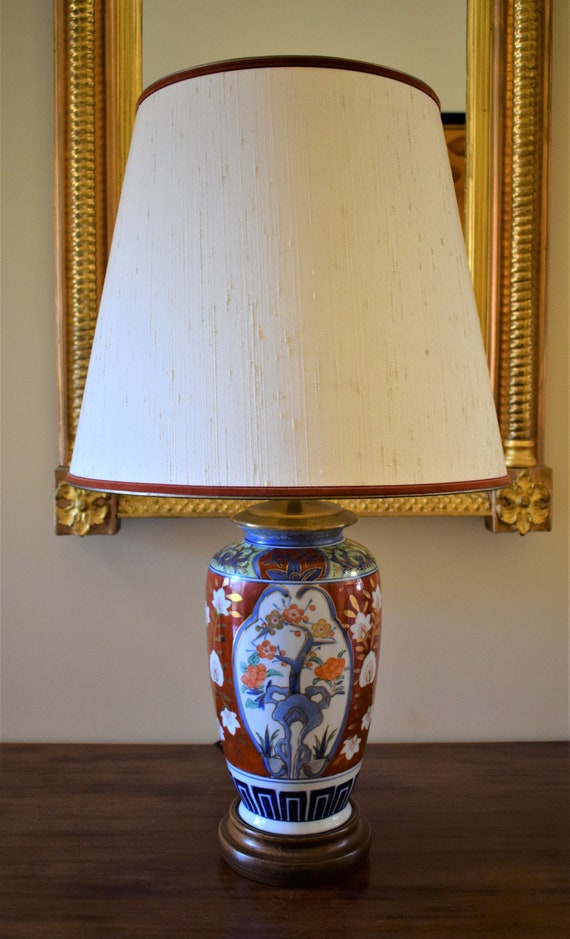 Mid Century Large Imari Lamp With Original Shade 31 Ireland Mid Century Large Imari Lamp With, Antique Brass Table Lamp With Black Shader