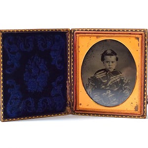 1850s Ambrotype Portrait Of Young Boy In Plaid Dress In Embossed Leather Case, 3 1/2&quot; x 3 1/4&quot;