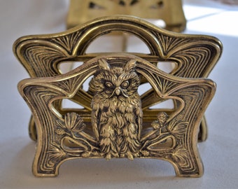 Rare H. L. Judd Co. Brass & Gilt Metal Owl Expandable Book Rack/Slide With Letter Slots, ca 1910s, 22"