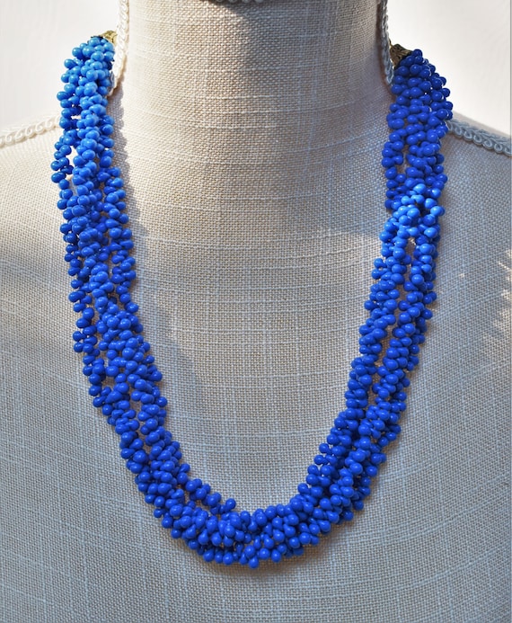 Vintage Cobalt Blue Seed Bead Bib Necklace With A… - image 1