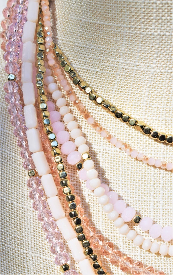 Vintage 8 Strand Pink, Coral And Gold Glass Bead … - image 2