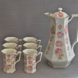 German Porcelain Chocolate Pot With 6 Demitasse Cups, Hand Painted 9 1/2&quot;