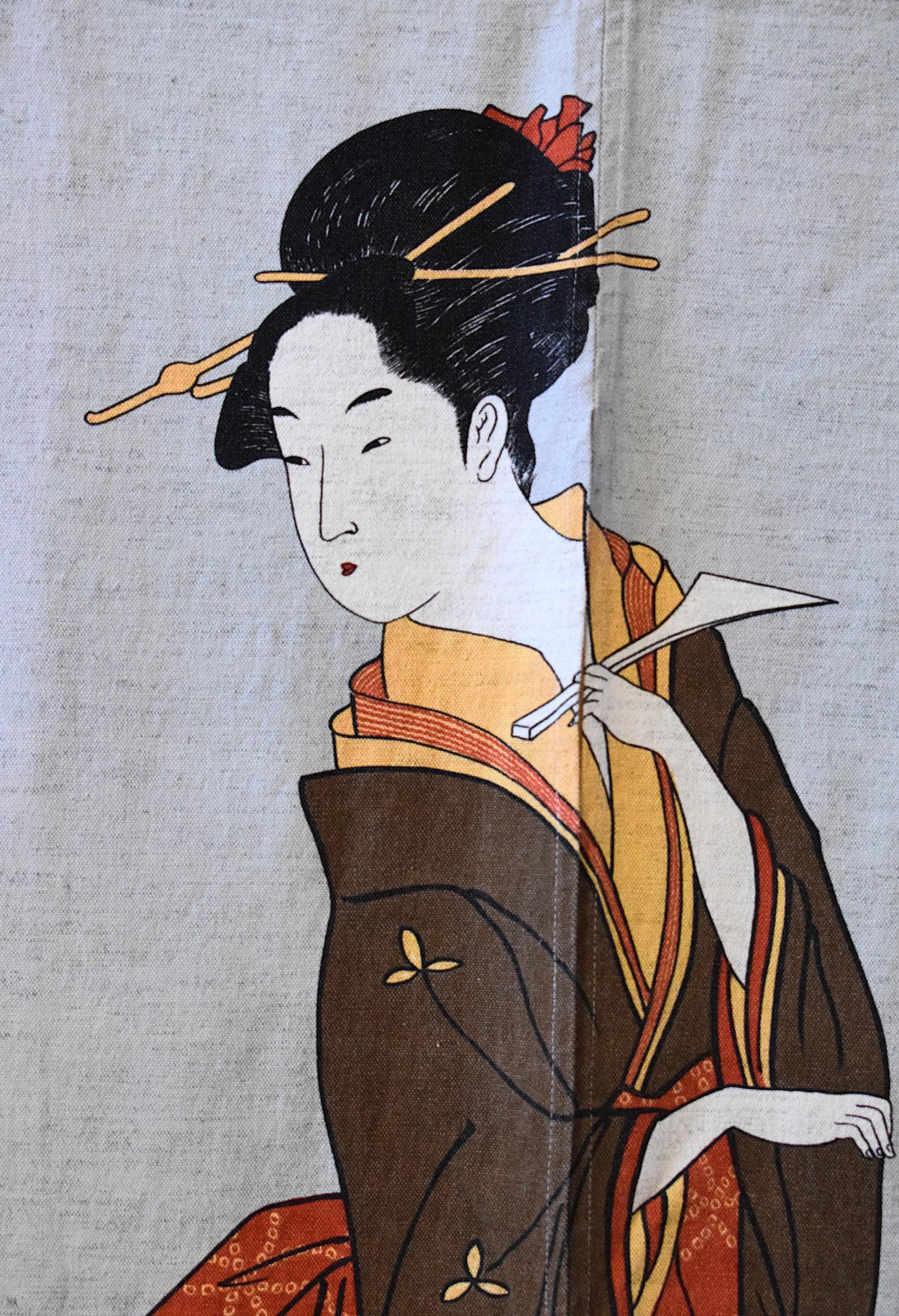 浮世絵風遊女と三味線が描かれたヴィンテージの日本製暖簾、54インチ