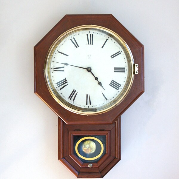 Antique Seth Thomas Drop Octagon Schoolhouse Wall Clock, 8 Day, Time Only-Working 4981J (1894) 24 x16