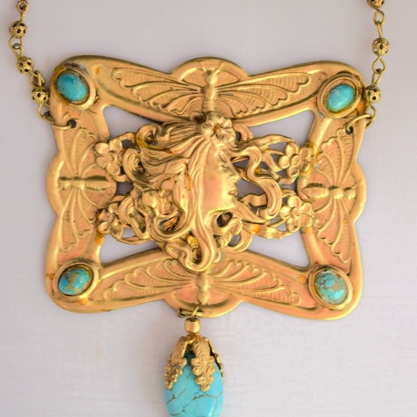 Antique French Fin de Siecle Gilt Brass Sautier Necklace With Mucha Maiden, Turquoise And Czech Glass Scarab Cabochons 20"