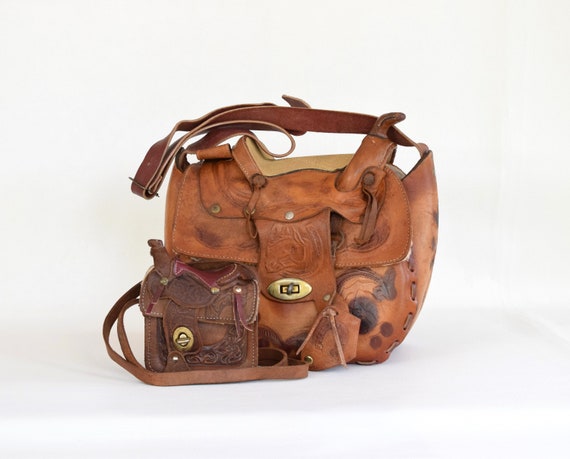 Vintage Leather Saddle Handbag With Matching Mini… - image 1
