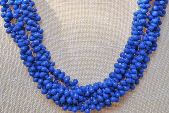 Vintage Cobalt Blue Seed Bead Bib Necklace With A… - image 2