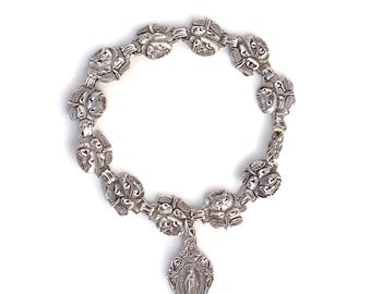 Vintage Sterling Catholic Saints Faceted Rose Link Bracelet.
