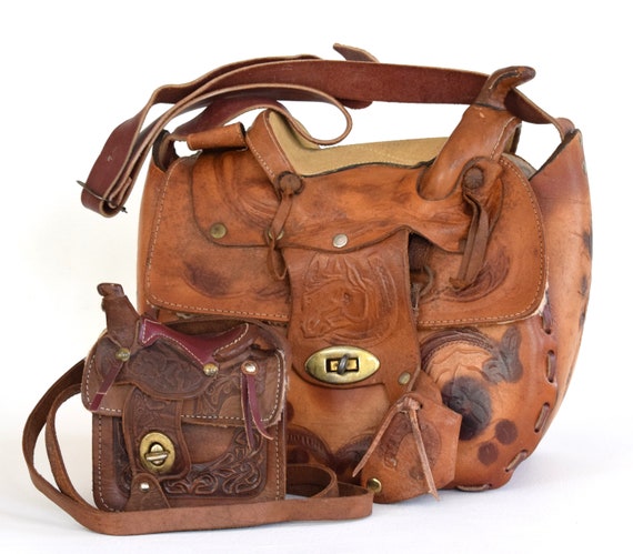 Vintage Leather Saddle Handbag With Matching Mini… - image 2