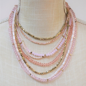 Vintage 8 Strand Pink, Coral And Gold Glass Bead Bib Necklace, Adjustable, 15&quot;