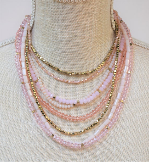 Vintage 8 Strand Pink, Coral And Gold Glass Bead … - image 1