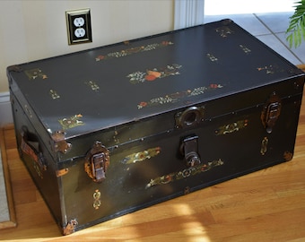Decorated Medium Sized Victorian Metal Travel Trunk With Antique Floral And Fruit Decals 31" x  17" x 13"