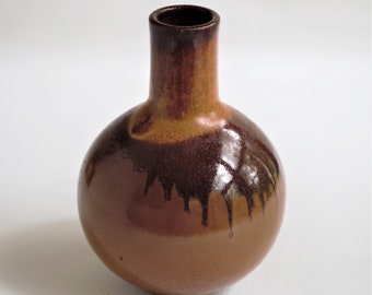 Vintage Stoneware Straight Neck Drip Glaze Bottle Vase, Signed  7 1/4"