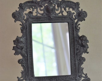 Antique French Cast Zinc Easel Back Vanity Mirror With Sarah Bernhardt Face And Cherubs 11 x 8