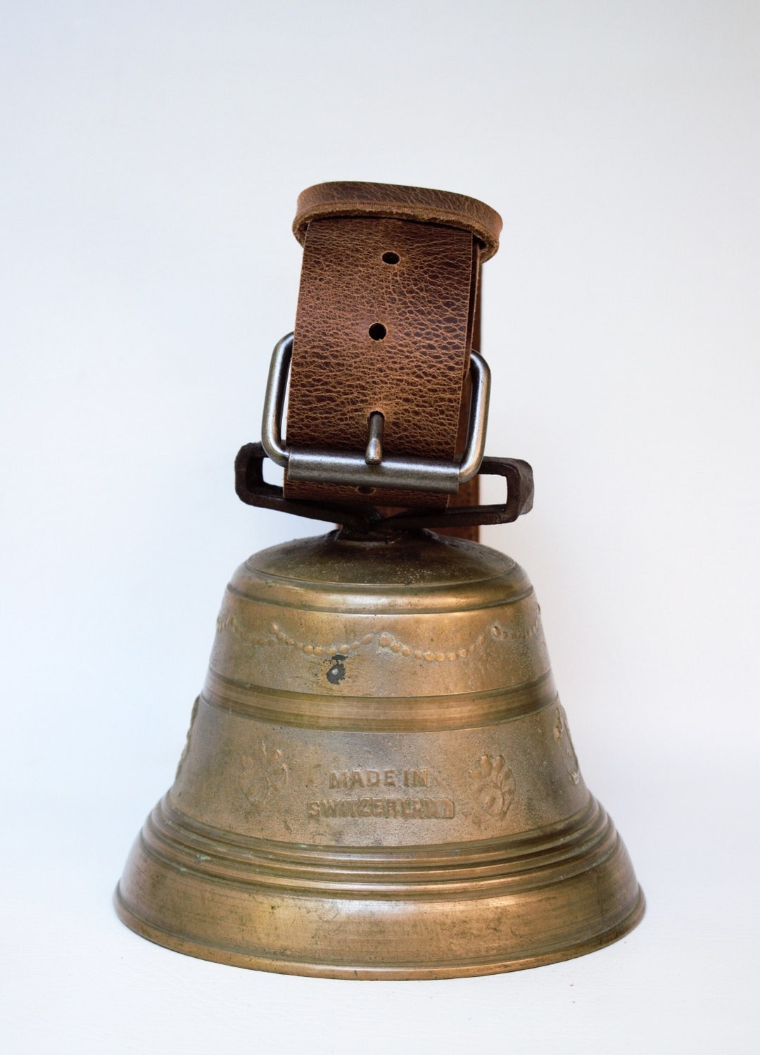 Antique Large Cow Bell With Cows and Floral Motif and Leather Collar