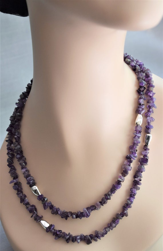 Vintage Amethyst Nugget And Sterling Necklace 39"