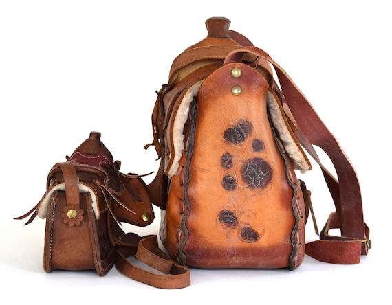 Vintage Leather Saddle Handbag With Matching Mini… - image 4