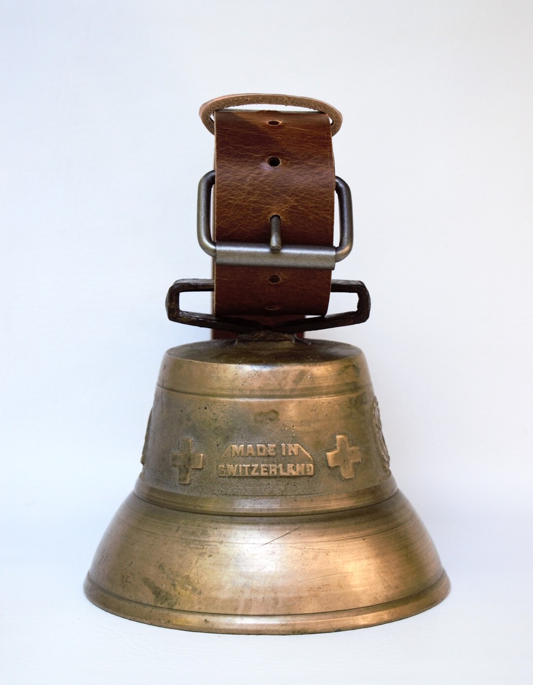 Antique Large Cow Bell With Cows and Floral Motif and Leather Collar