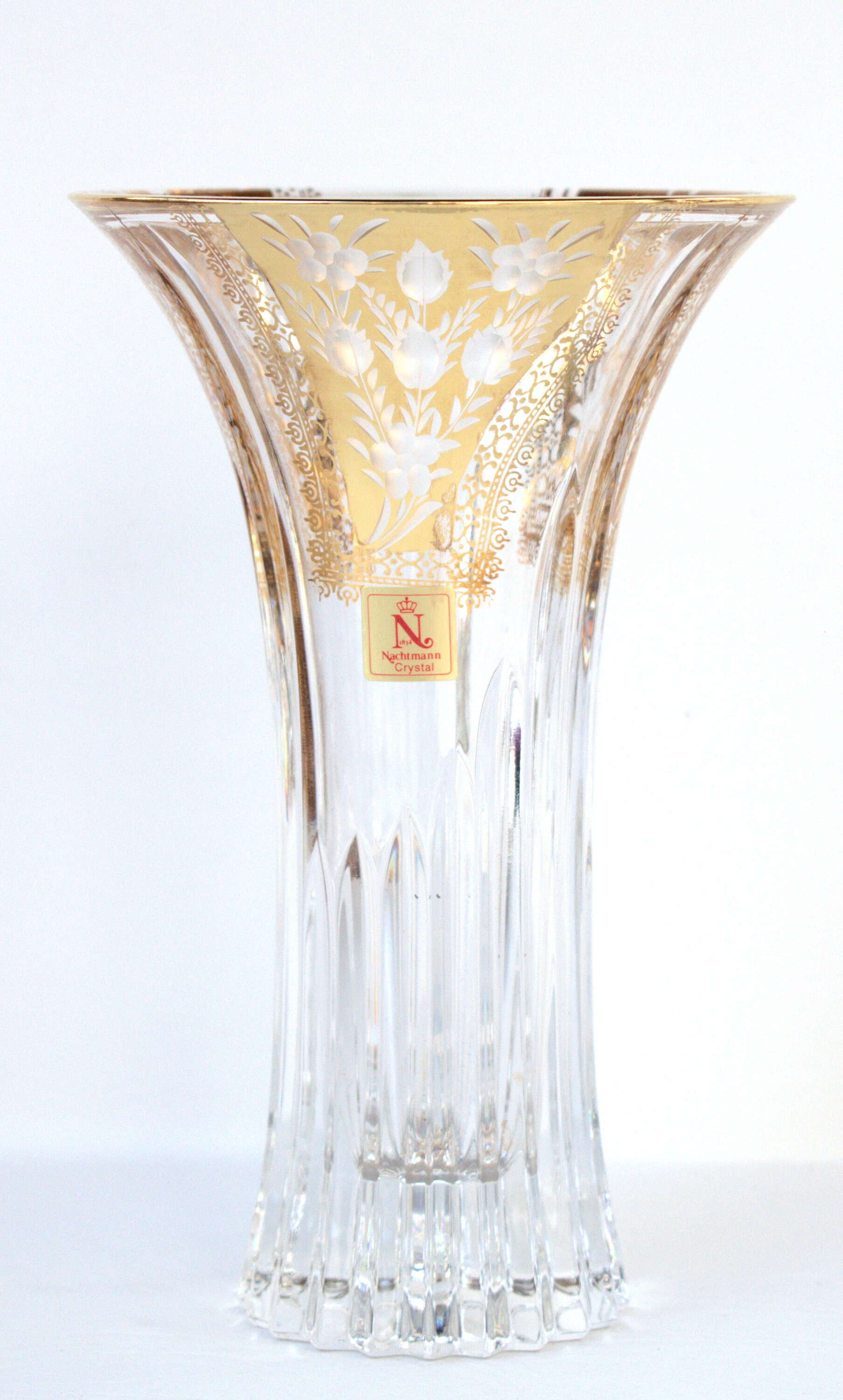 Vintage Nachtmann Bleikristall (germany) Floral Gilt Crystal Vase With Original Box, 7 1/4
