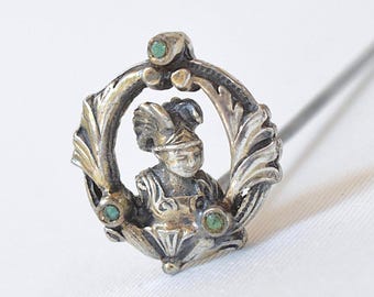 Antique Scandinavian Silver And Green Beryl Valkyrie, Brünnhilde? Hat Or Stick Pin 4 1/4"