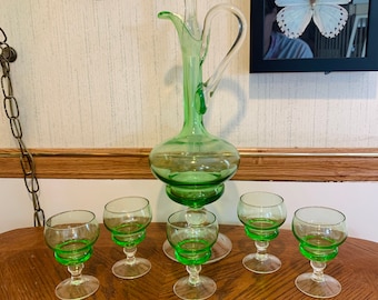 Mid Century Murano Venetian Decanter Set with 5 Glasses - Crystal Stopper - Hand Blown Glass