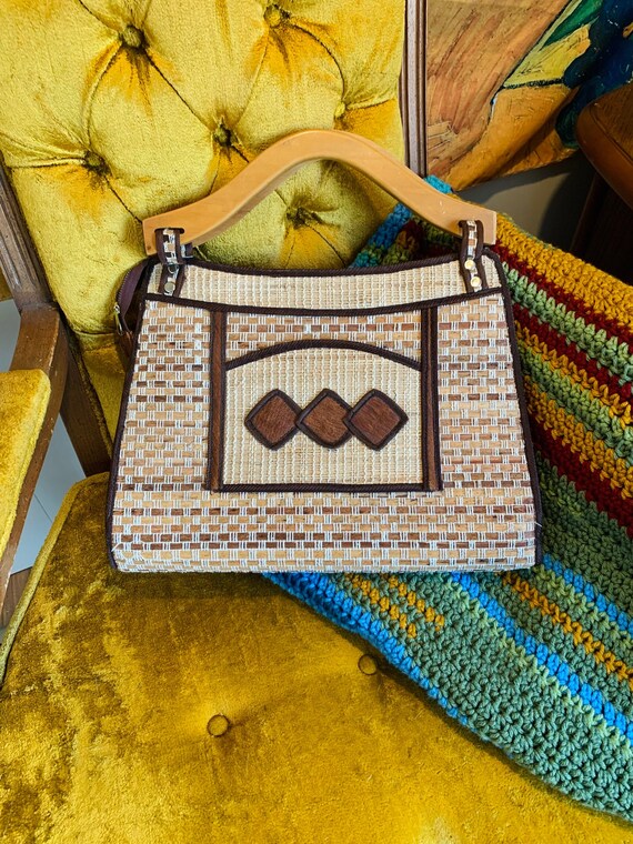 Vintage 1960s Woven Basket Tote with Wood Handles 