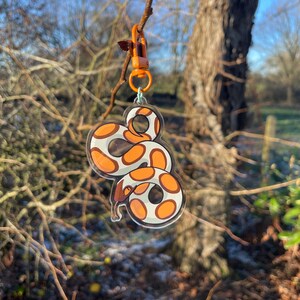 Op de afbeelding: Een heldere acryl sleutelhanger met een gestileerd slangenontwerp in oranje en bruin. De sleutelhanger is bevestigd aan een oranje sluiting en een zilveren ring. De achtergrond toont een tak en een vage buitensc&egrave;ne.