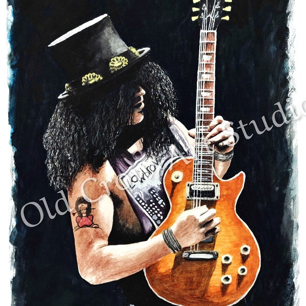 Slash of Guns n' Roses ORIGINAL watercolor painting, rock, music, guitarist, rock music, metal, metal music, fine art, musician, aquarelle