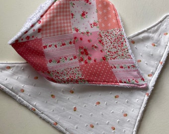 Set of 2 Baby Dribbler Bibs, pink patchwork and strawberry