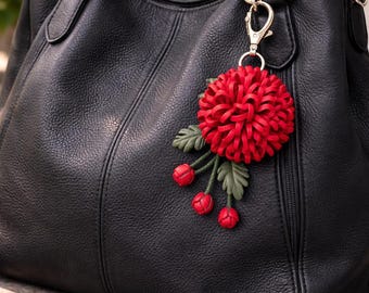 Handmade Leather Pom Pom Bag Charm, Genuine Leather Pom Pom Keychain, Elegant Accessory