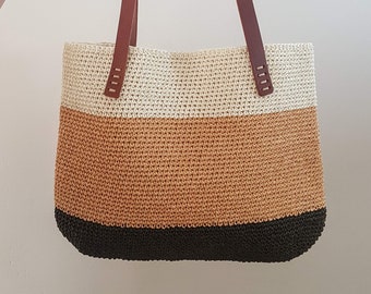 Striped Raffia Crochet Bag: Natural Straw Tote with Leather Handles