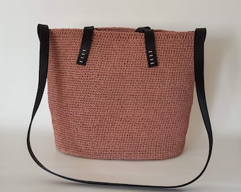 Woven Raffia Bucket Bag: Striped Natural Straw with Leather Handles