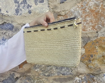 Crochet Raffia Clutch in Tan, Straw Summer Bag, Raffia Clutch Handbag, Tan Crochet Summer Bag, Crochet Straw Clutch