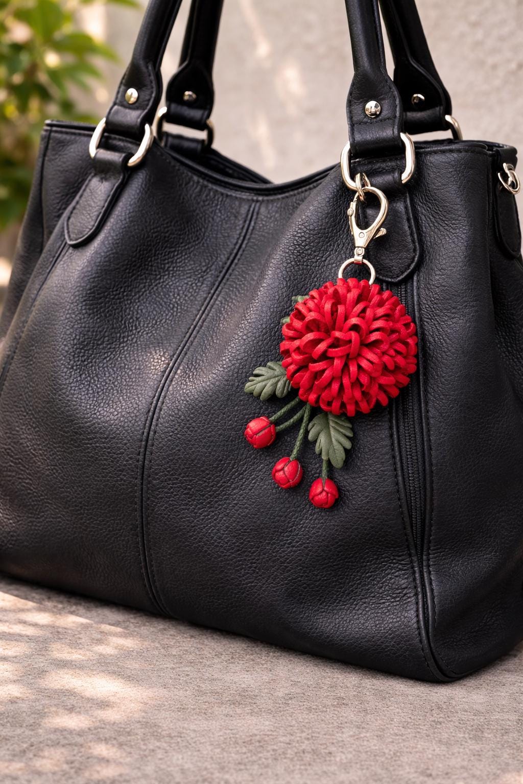 Handmade Leather Floral Bag Charm, Genuine Pom Pom Keychain Accessory