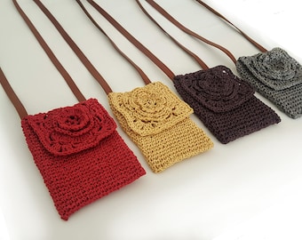 Woven Raffia Crossbody Phone Bag: Leather Strap, Striped Colors
