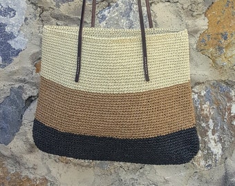 Natural Straw Raffia Crochet Bag, woven with striped natural colors for summer clothes, genuine leather handle handy for all days