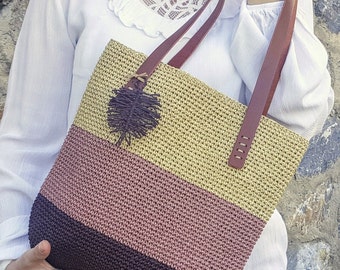 Natural Straw Raffia Crochet City Bag, woven with striped natural colors for summer clothes, genuine leather handle handy for all days