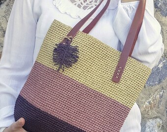 Crochet Raffia City Bag: Striped Woven Straw Tote with Leather Handles